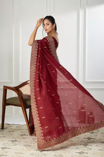 maroon embroidered silk blend saree
