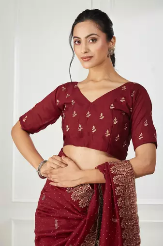 maroon embroidered silk blend saree