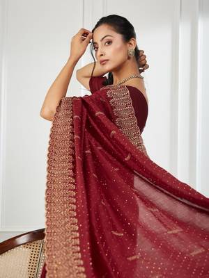 maroon embroidered silk blend saree 5