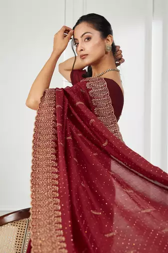 maroon embroidered silk blend saree