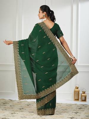 green embroidered silk blend saree 2