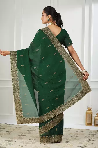 green embroidered silk blend saree