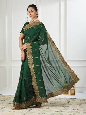 green embroidered silk blend saree 3