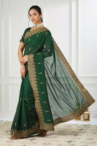 green embroidered silk blend saree