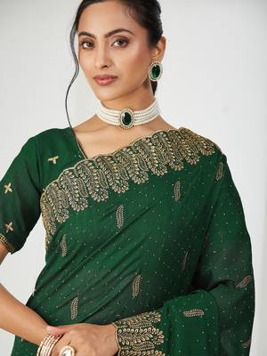 green embroidered silk blend saree 5