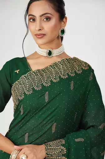 green embroidered silk blend saree