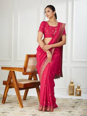 pink embroidered silk blend saree 1