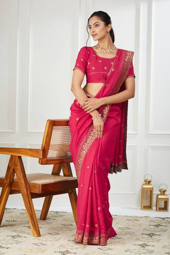 pink embroidered silk blend saree