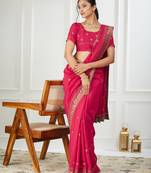 pink embroidered silk blend saree
