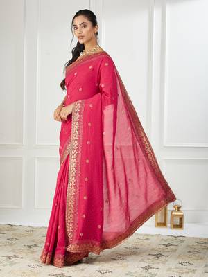 pink embroidered silk blend saree 3