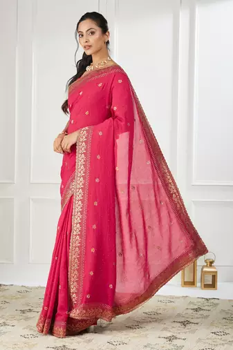 pink embroidered silk blend saree