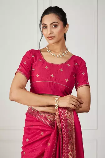 pink embroidered silk blend saree