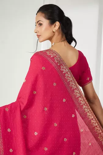 pink embroidered silk blend saree