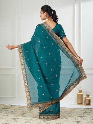 teal embroidered silk blend saree 2
