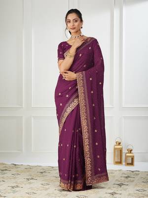 purple embroidered silk blend saree 1