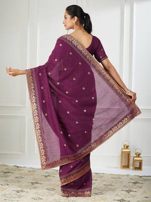 purple embroidered silk blend saree 2