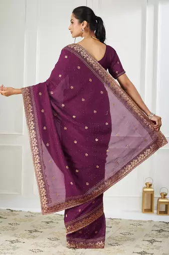 purple embroidered silk blend saree
