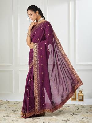 purple embroidered silk blend saree 3