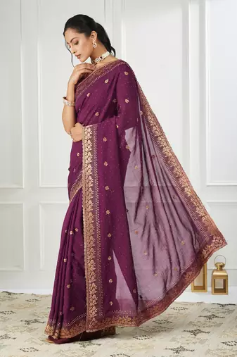 purple embroidered silk blend saree