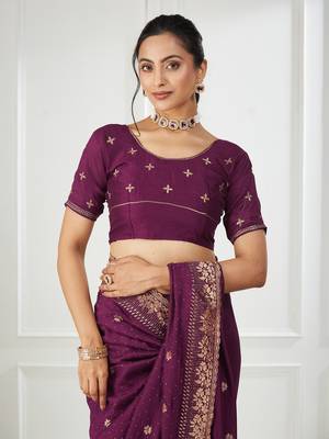 purple embroidered silk blend saree 4