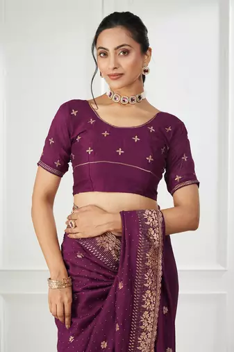 purple embroidered silk blend saree