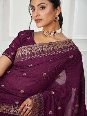 purple embroidered silk blend saree 5