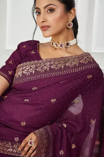 purple embroidered silk blend saree