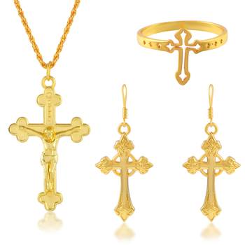 Brass gold plated christian cross earrings and finger ring combo spiritual jewellery set for men women 1