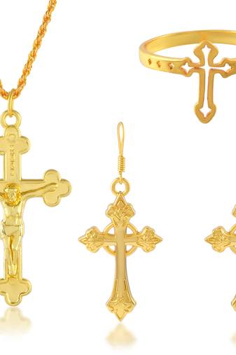 Brass gold plated christian cross earrings and finger ring combo spiritual jewellery set for men women
