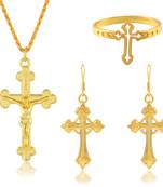Brass gold plated christian cross earrings and finger ring combo spiritual jewellery set for men women