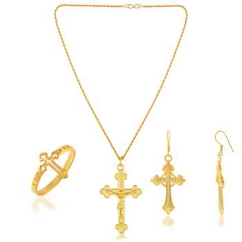 Brass gold plated christian cross earrings and finger ring combo spiritual jewellery set for men women 4