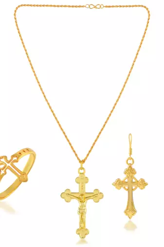 Brass gold plated christian cross earrings and finger ring combo spiritual jewellery set for men women