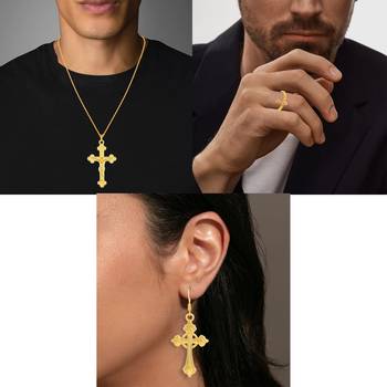 Brass gold plated christian cross earrings and finger ring combo spiritual jewellery set for men women 5