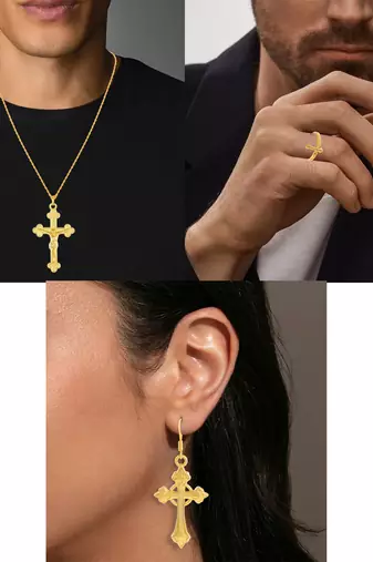 Brass gold plated christian cross earrings and finger ring combo spiritual jewellery set for men women