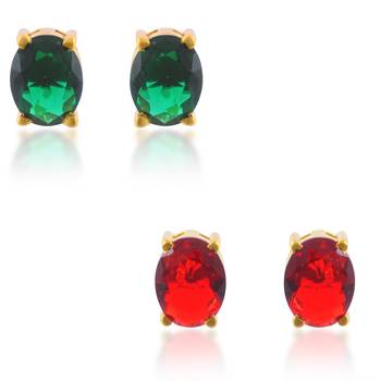 Brass goldplated combo of imitation ruby and emerald stud earrings for women 1