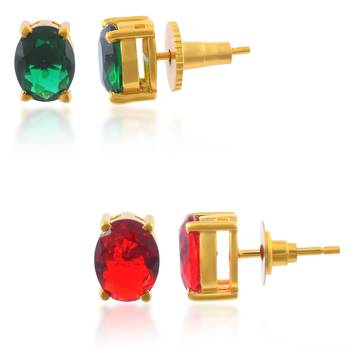Brass goldplated combo of imitation ruby and emerald stud earrings for women 2