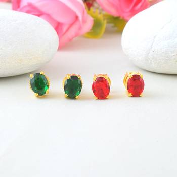 Brass goldplated combo of imitation ruby and emerald stud earrings for women 3