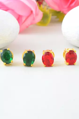 Brass goldplated combo of imitation ruby and emerald stud earrings for women