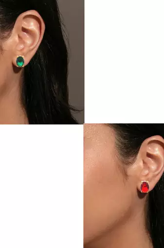 Brass goldplated combo of imitation ruby and emerald stud earrings for women