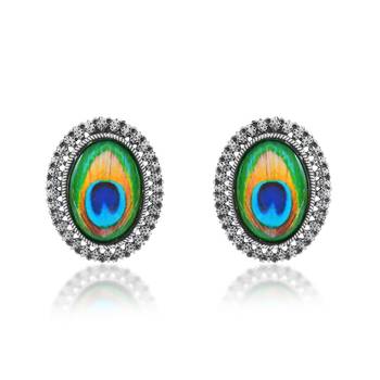 Brass antique silver plated peacock feather design stud earrings for women girls 1