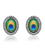 Brass antique silver plated peacock feather design stud earrings for women girls