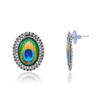 Brass antique silver plated peacock feather design stud earrings for women girls 2