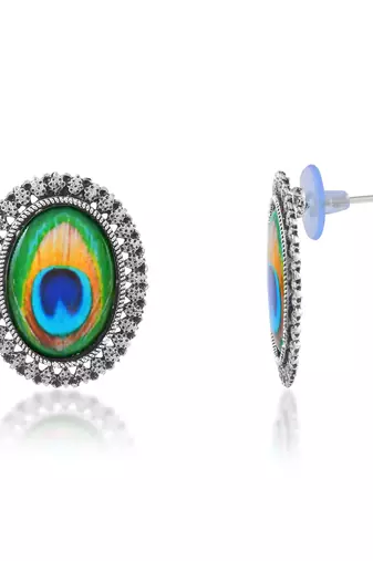 Brass antique silver plated peacock feather design stud earrings for women girls