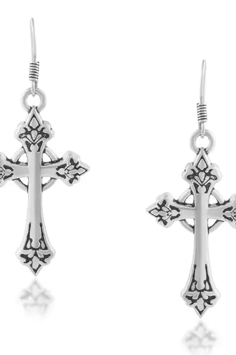 brass antique silver-plated dangler cross earrings