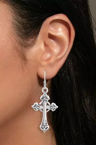 brass antique silver-plated dangler cross earrings