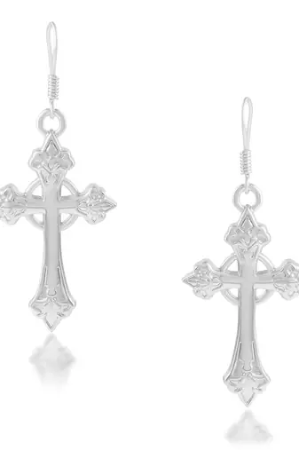 Brass silver plated christian spiritual crucifix cross dangler earrings for men women