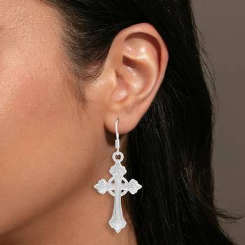 Brass silver plated christian spiritual crucifix cross dangler earrings for men women 5