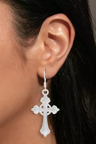 Brass silver plated christian spiritual crucifix cross dangler earrings for men women