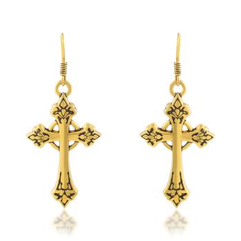 dzine trendz brass dangler earrings - antique gold-plated, crucifix design, 3.5 cm 1