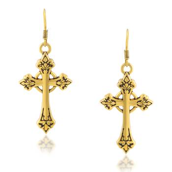 dzine trendz brass dangler earrings - antique gold-plated, crucifix design, 3.5 cm 2